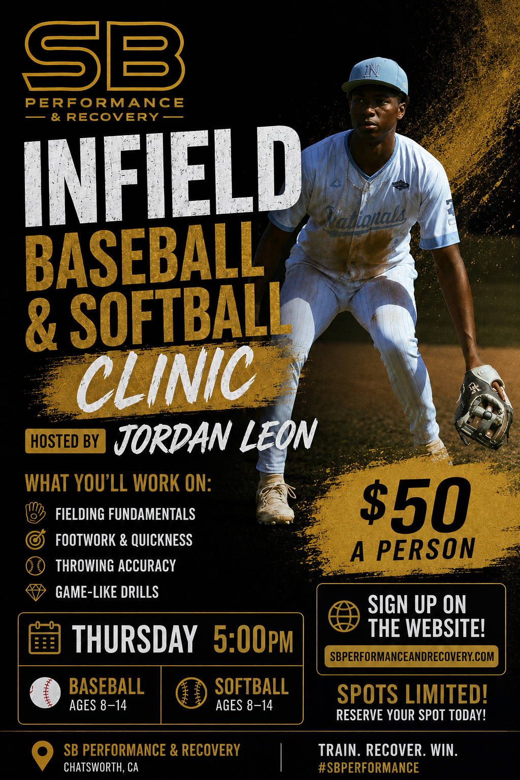 Infield Baseball & Softball Clinic hosted by Jordan Leon — Thursday 5:00 PM, ages 8–14, $50 a person